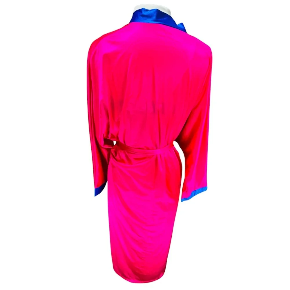VTG Bright Pink Blue Gown Satin Slip Robe Set Tropical Monstera Leaf M Peignoir